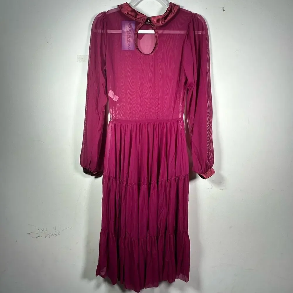 Double Platinum Burgundy wine Sheer Ruffled Tiered Long Sleeve Dress Adult M